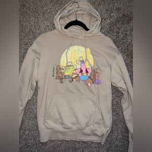Beige Hoodie with SpongeBob Squarepants Western Cartoon Graphic Print Small